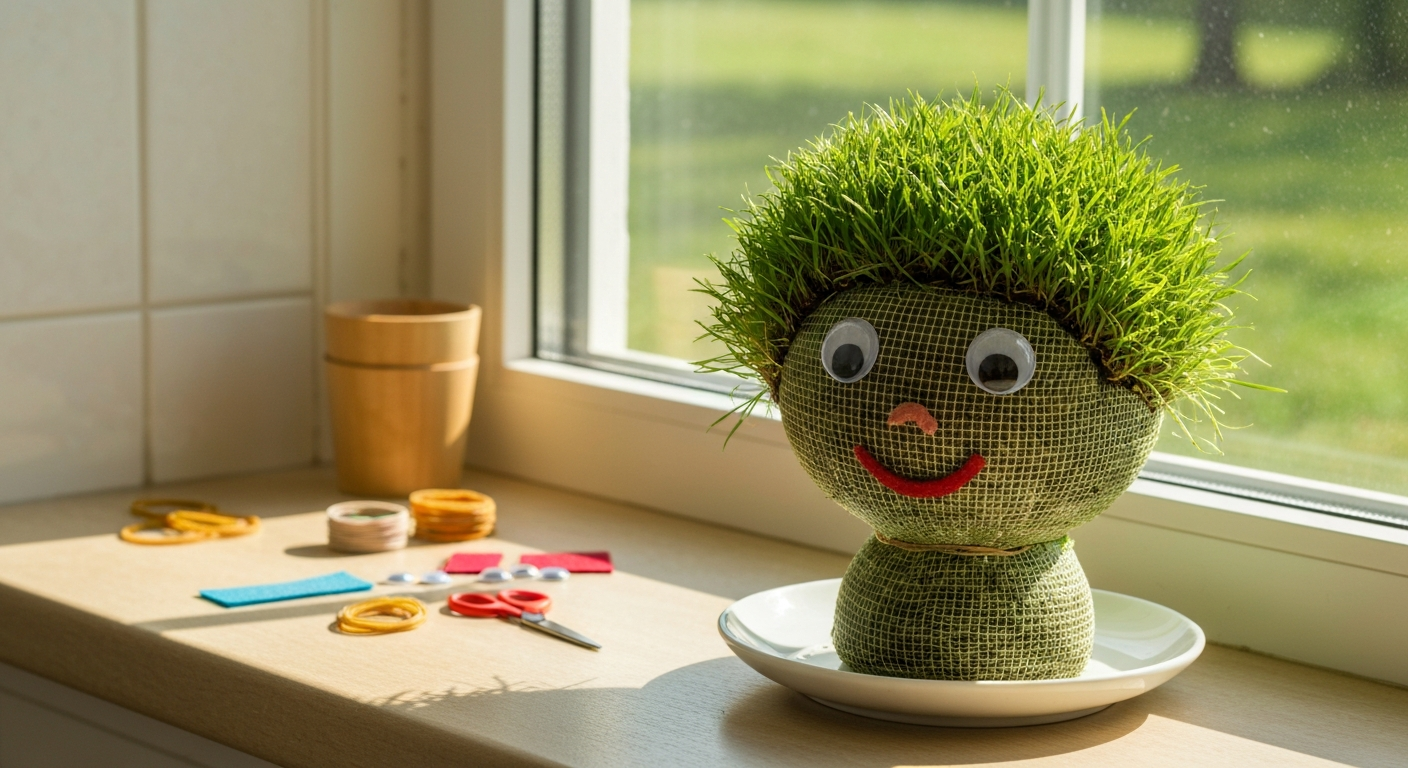 Finished grass head doll with green grass 'hair' on a saucer on a sunny windowsill, decorated face and craft supplies nearby.