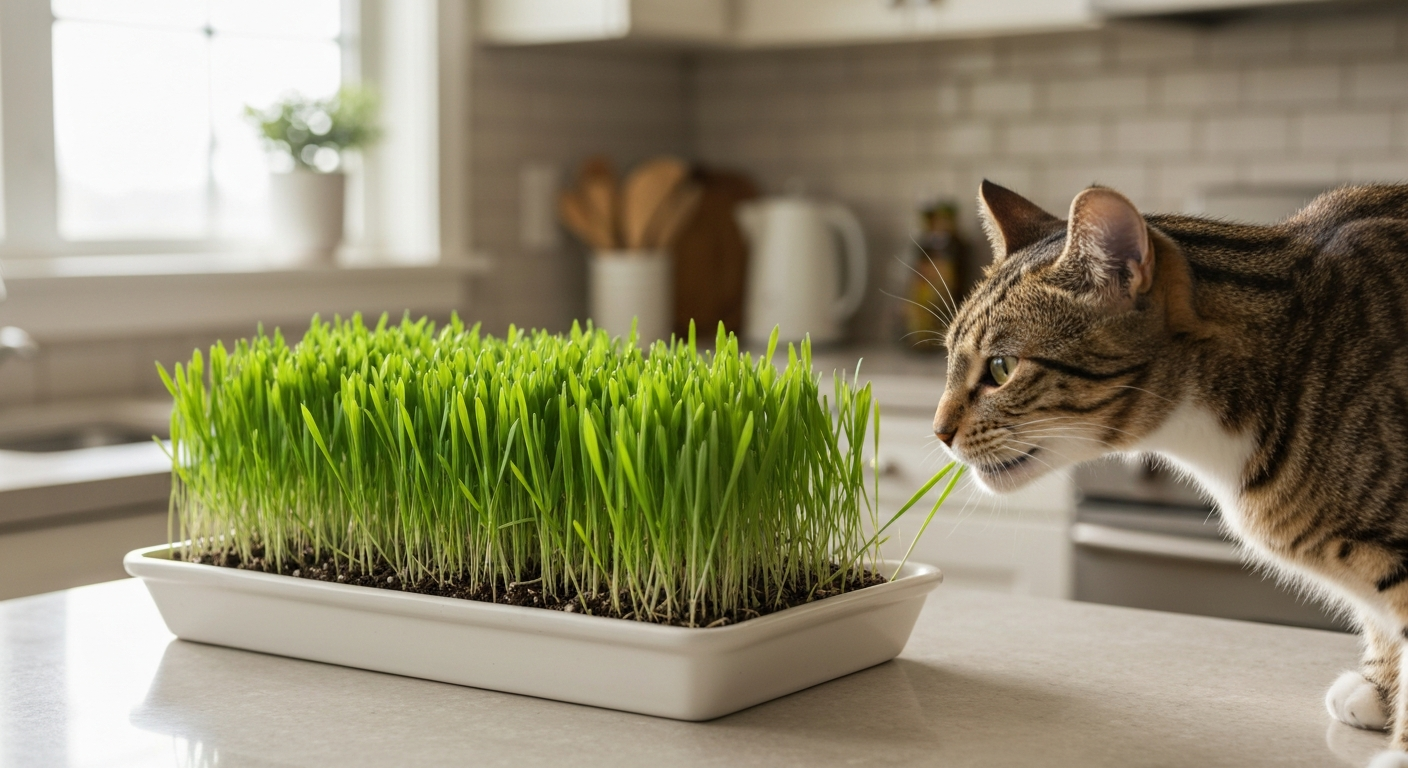 Tabby cat nibbling a lush tray of cat grass on a kitchen counter.