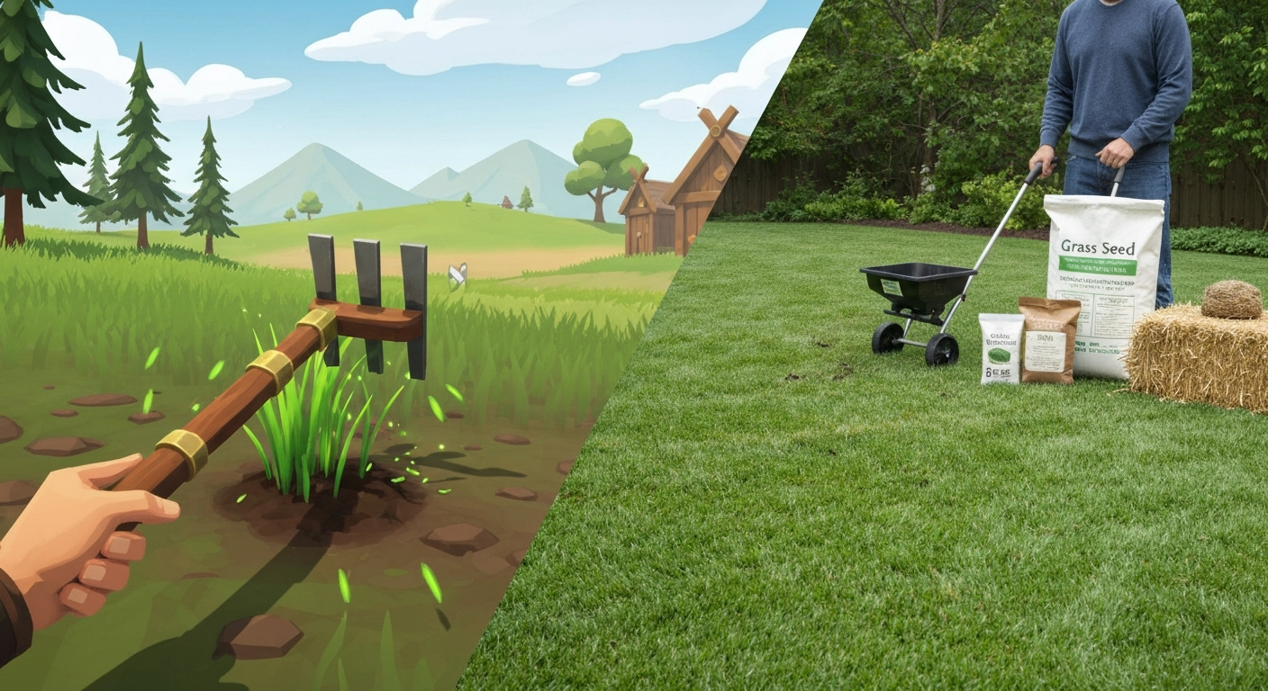 Split image: left, stylized Viking-survival game scene of a player using a cultivator to replant grass on bare dirt; right, photorealistic backyard scene of a homeowner spreading grass seed with tools and a soil test kit.