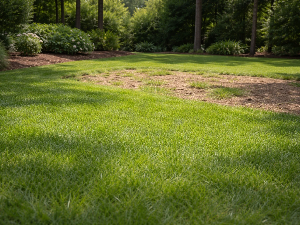 Sunlit North Carolina backyard lawn with dense bermudagrass texture and a small seeding-ready patch of soil.