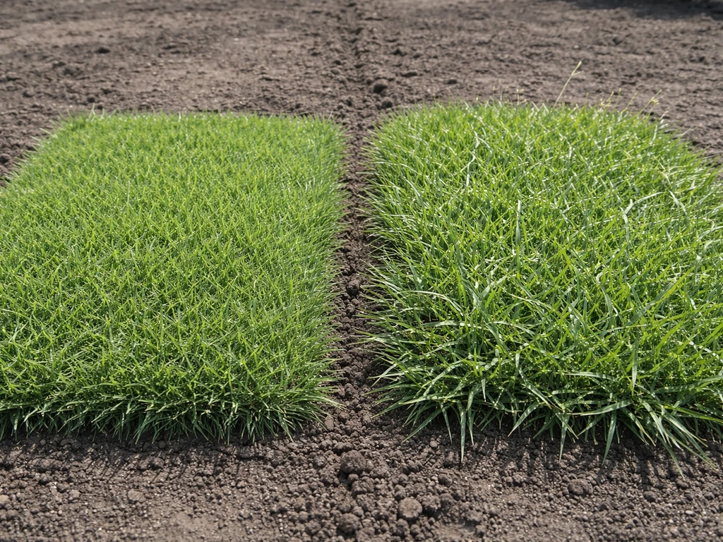 Two close lawn sections showing dense hybrid bermudagrass vs wider-leaf common bermudagrass with seedheads.