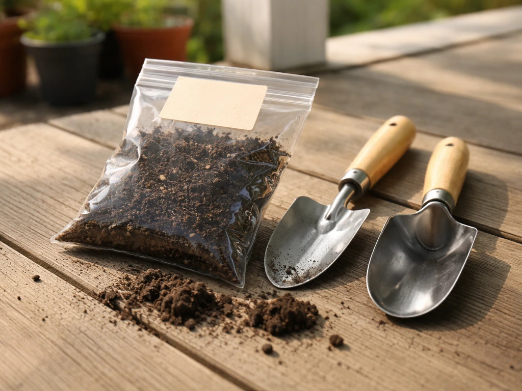 Close-up of a filled soil sample bag next to gardening tools and a soil test request envelope on a porch.