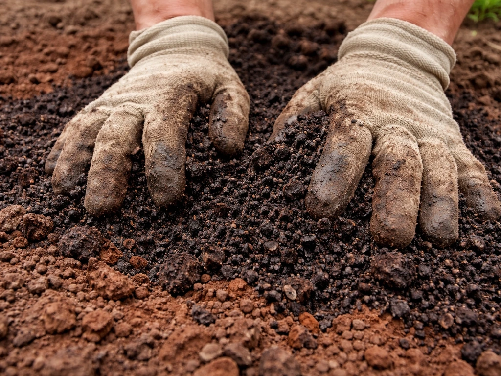 Gloved hands mixing compost into compacted red clay soil in a garden bed