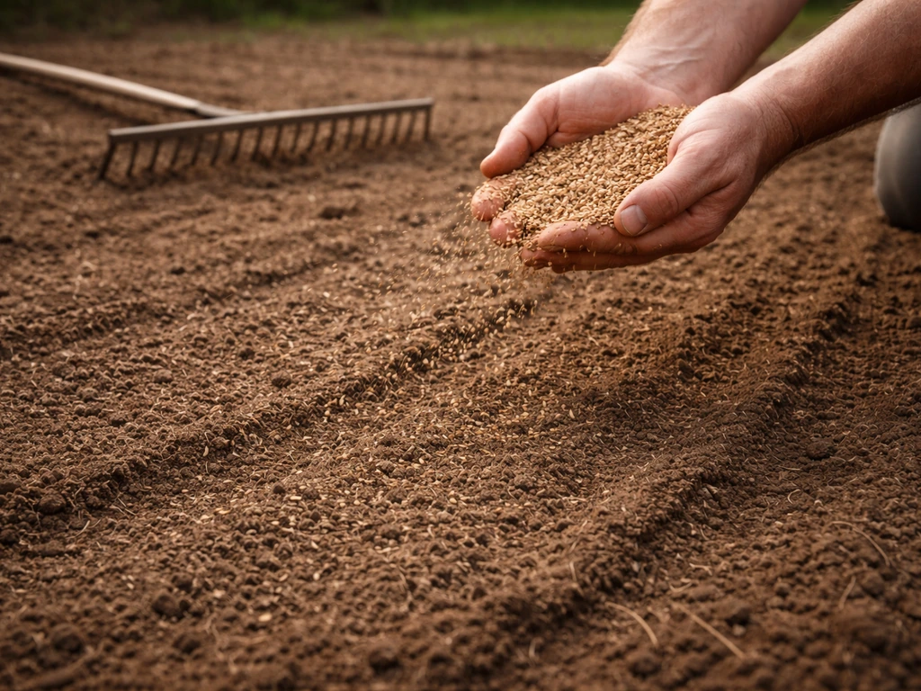 Hands broadcasting bermudagrass seed over a prepared seedbed, lightly raked-in coverage in natural light.