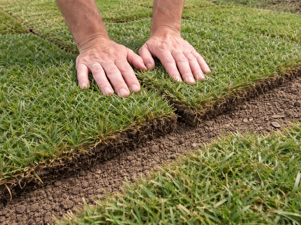Close-up of hands laying staggered bermudagrass sod pieces and pressing seams together