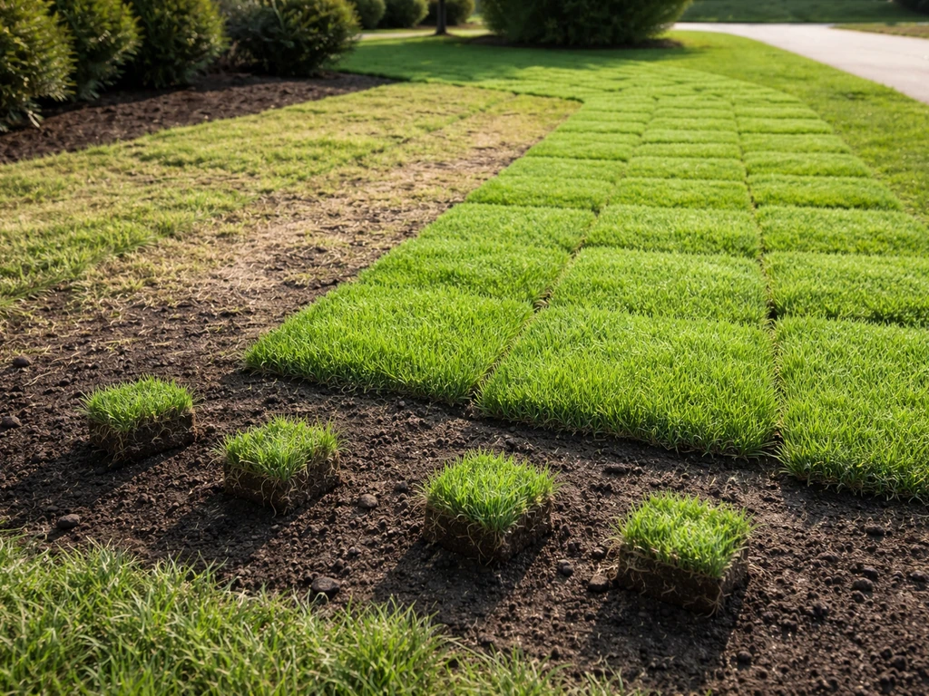 Suburban front lawn with worn grass replaced by fresh zoysia sod and plugs, clear before/after contrast.