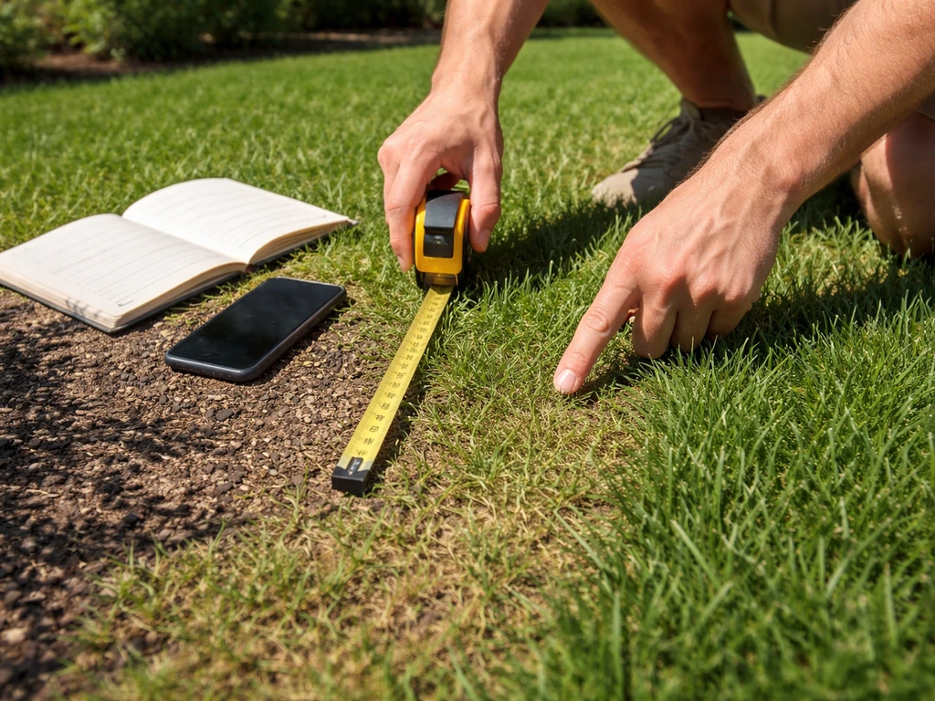 Person crouches in a sunny yard, checking grass patches and marking sun exposure with a notebook.