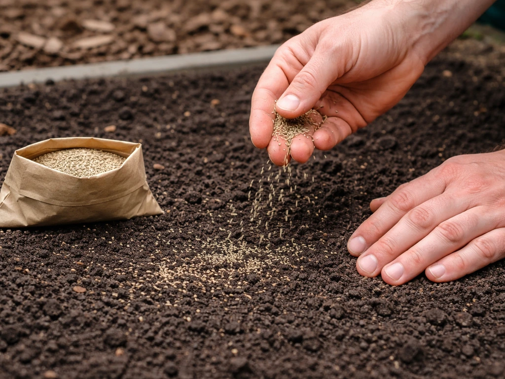 Gardener hands scatter zoysia grass seed on dark prepared soil with a plain seed package nearby.