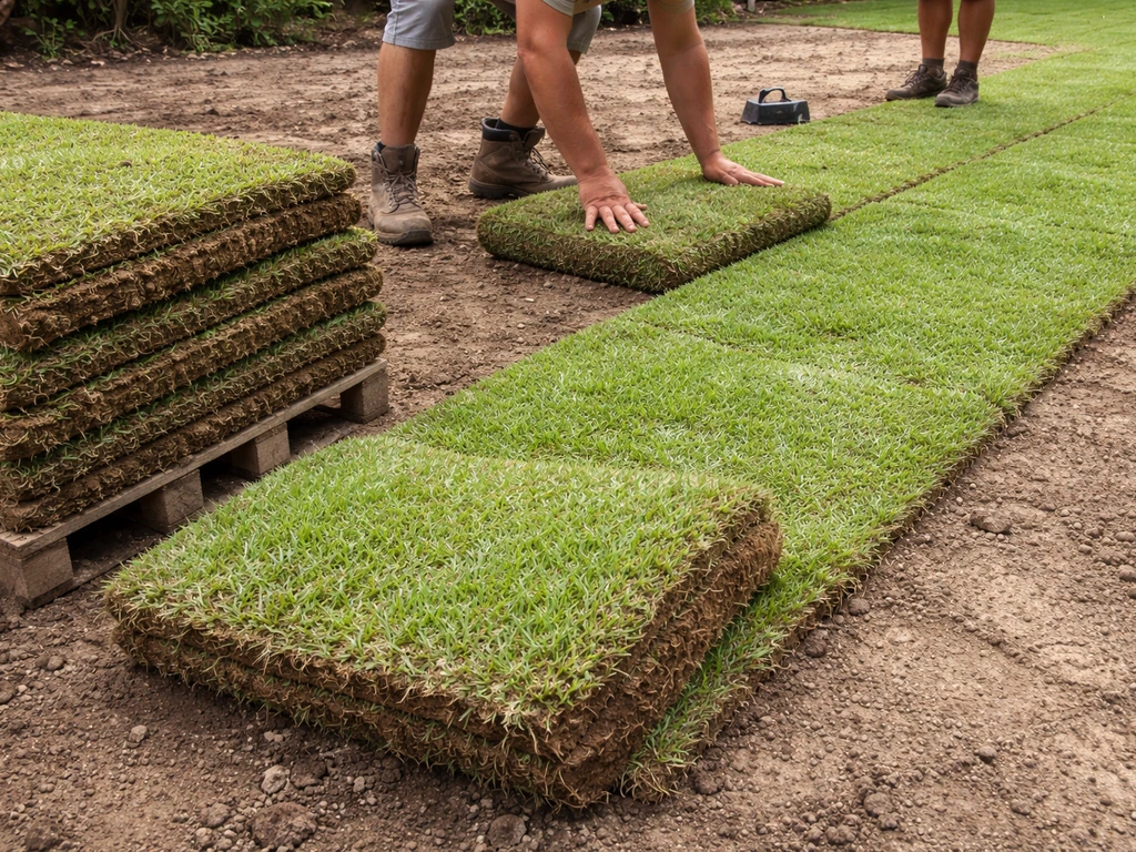 Zoysia sod unrolled from sack trays onto an existing lawn with visible soil contact.