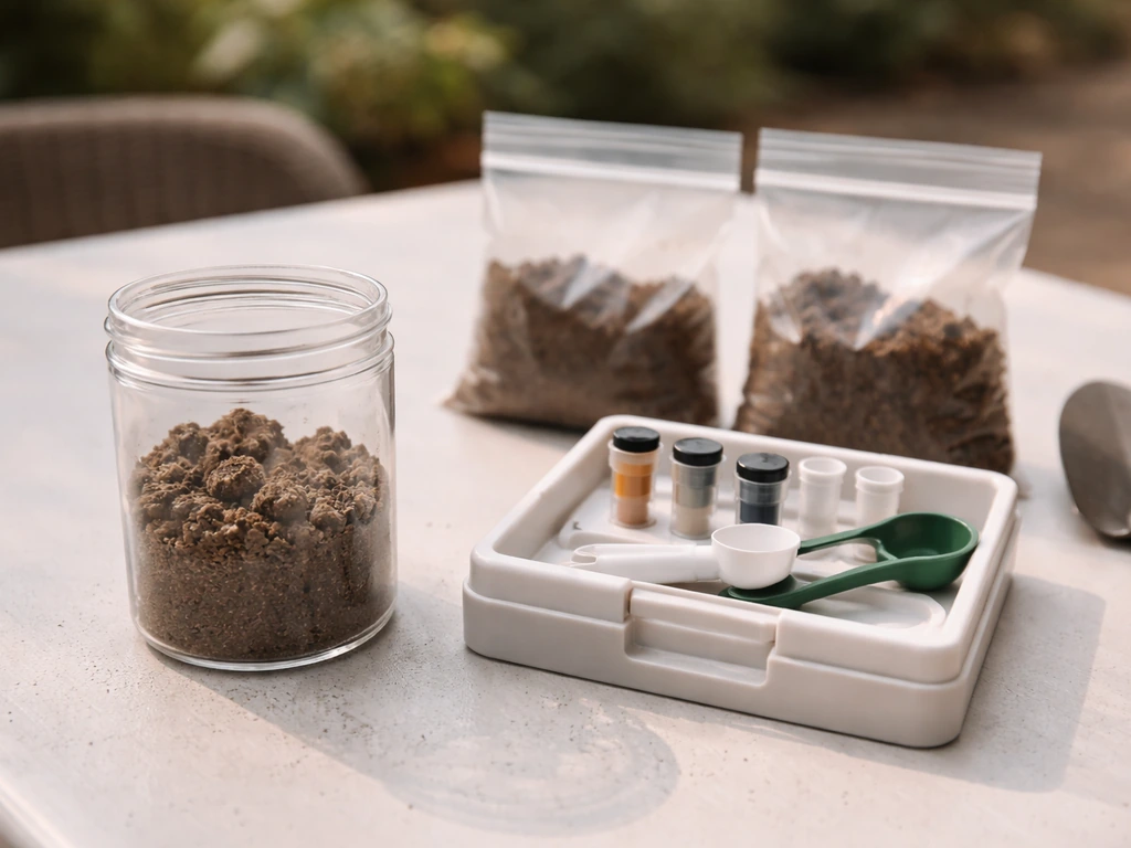 Clay soil sample jar and soil test tools on a patio table, showing compacted clumps clearly.
