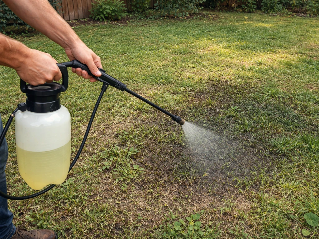 Gardener using a pump sprayer with nonselective herbicide over existing grass and weeds.