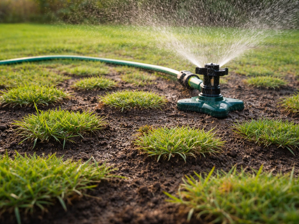 Sprinkler hose running over newly planted zoysia plugs, moist soil surface without flooding.