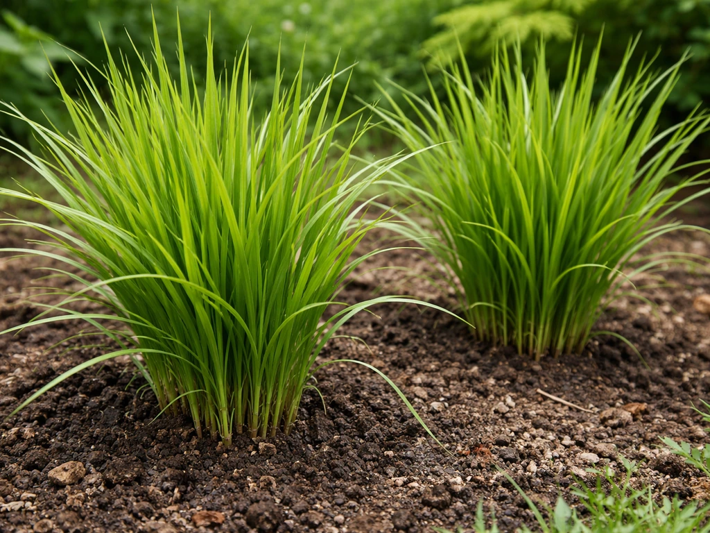 Close-up of healthy vetiver grass clumps growing in a home garden bed