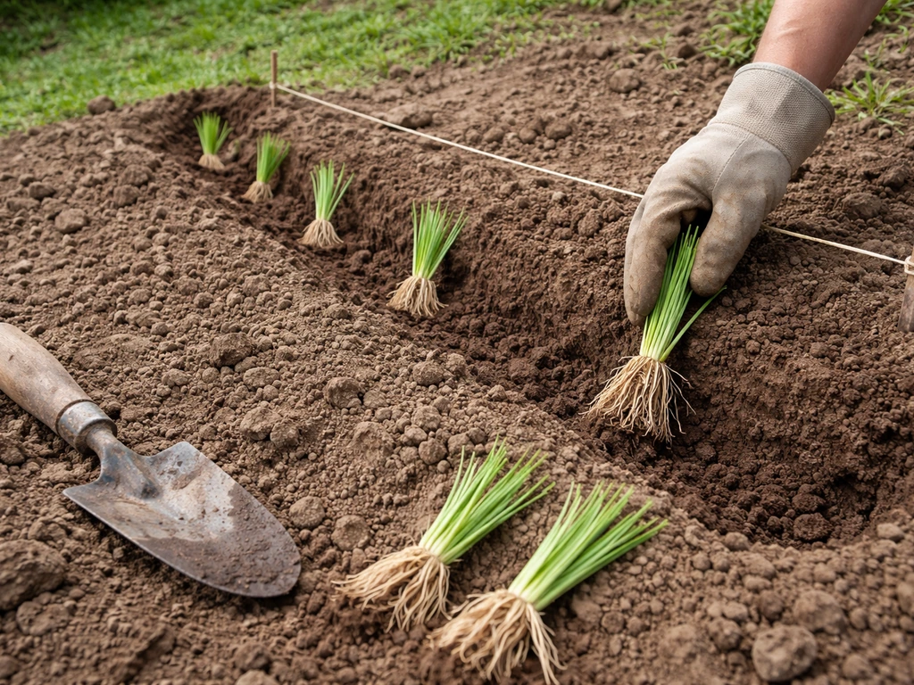 Vetiver slips set into a shallow trench along a marked line with correct spacing on a small slope