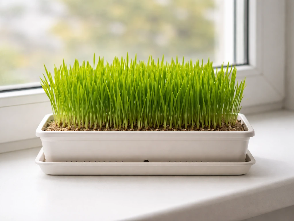 Bright green cat grass sprouts growing in a shallow tray on a sunny windowsill with visible drainage.