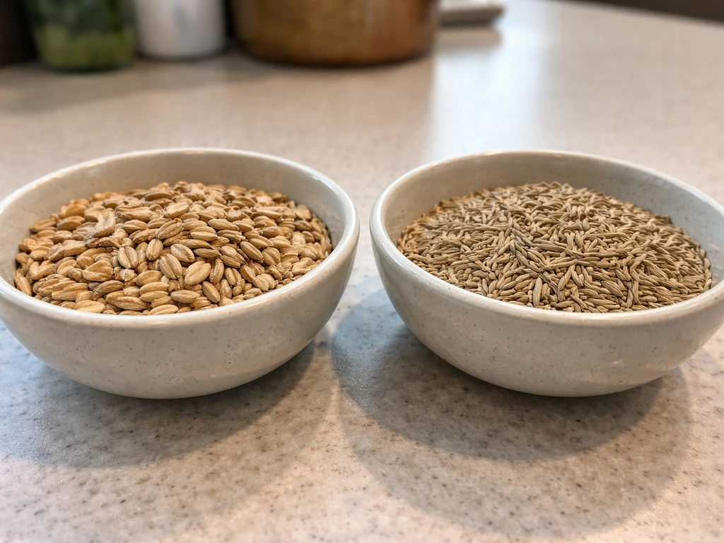Close-up comparison of cat grass cereal grains versus finer lawn grass seeds in separate bowls.