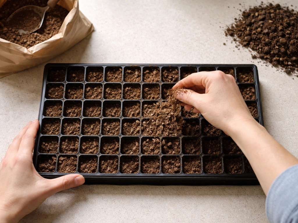 Top-down view of hands filling a seed tray with light peat/coir mix, beside heavier clumpy soil.
