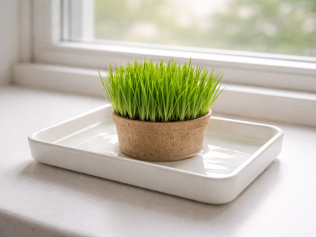Cat grass pot set in a clean tray on a sunny windowsill, watered from below with indirect light.