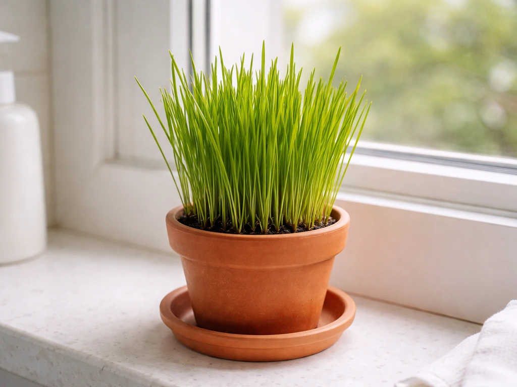 Fresh cat grass reaching 4+ inches in a small pot/tray, ready to be offered to a pet.