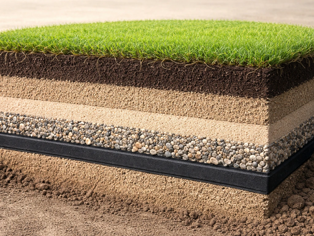 Photo-real cutaway of a putting green rootzone with layered sand, gravel, liner and drainage.