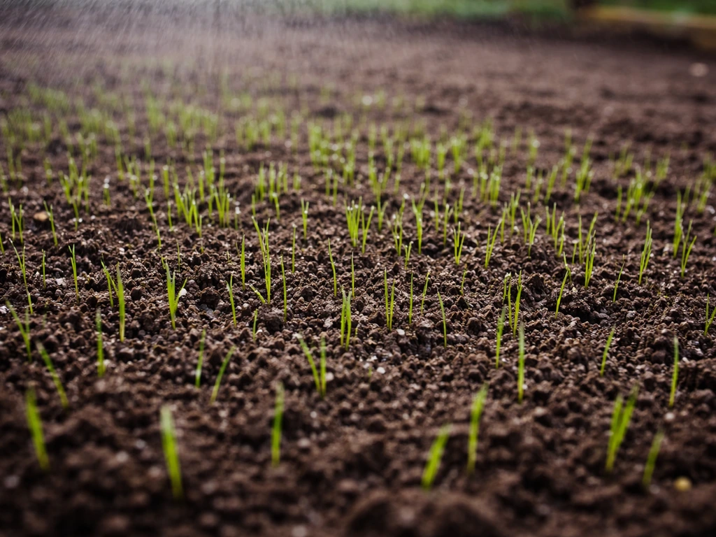 Fresh grass seedlings in a newly seeded bed with fine sprinkler mist keeping the soil evenly moist.