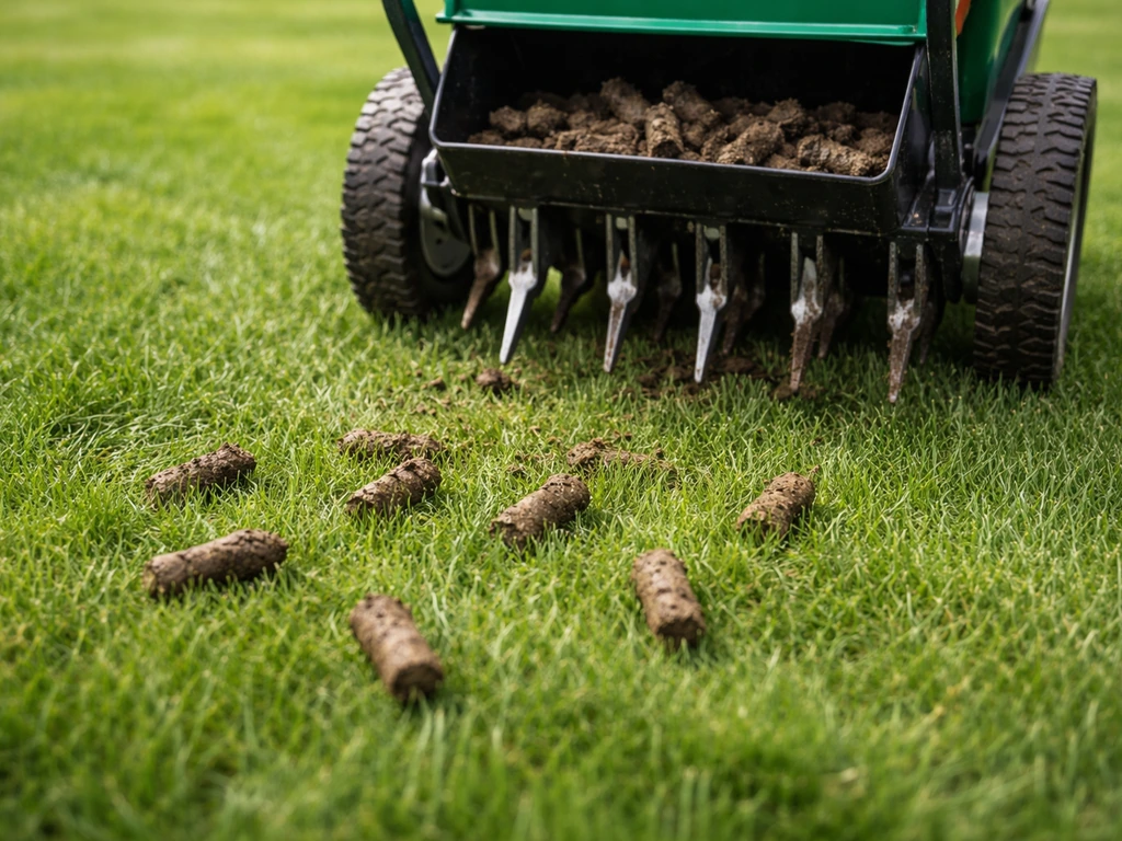 Lawn aerator pulling up soil plugs from an established turf area during core aeration.