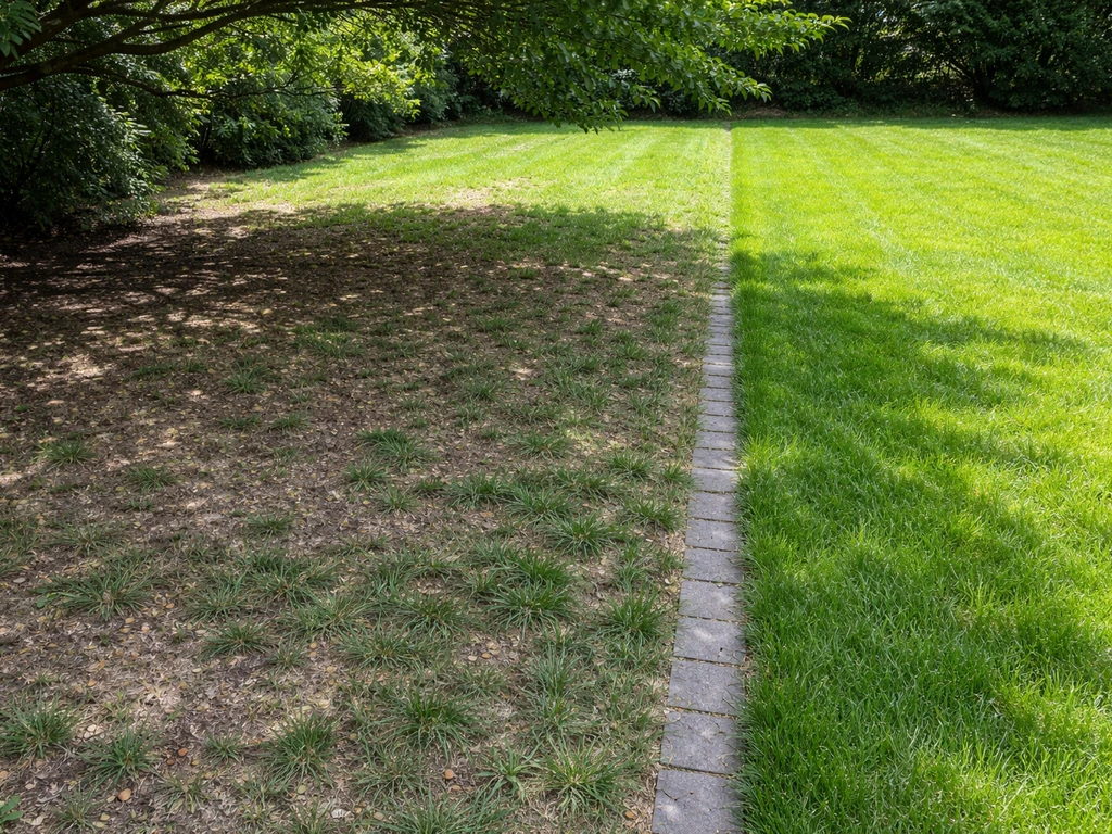 Lawn comparison: sparse patchy grass in partial shade next to a greener full-sun strip.