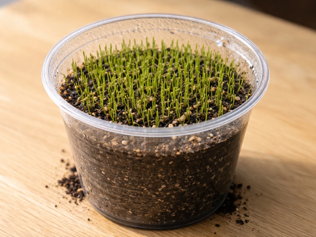Top-down view of a clear cup with fresh green grass shoots sprouting from seed-starting soil.