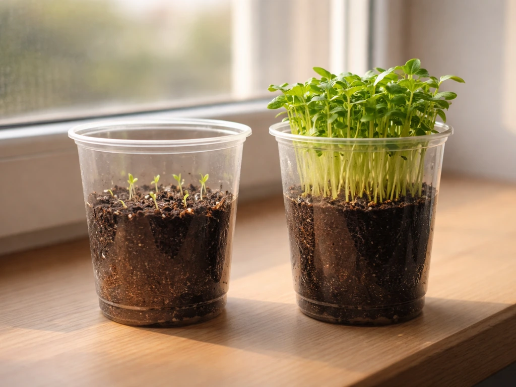Two simple transparent cups on a windowsill: one with short green sprouts, one with taller denser seedlings.