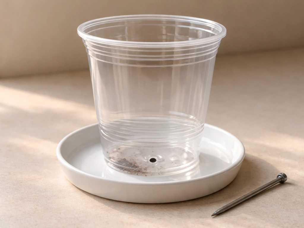 Disposable cup with a small drainage hole and a catch area underneath, showing drainage setup materials.