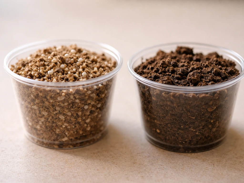 Two small cups side by side showing crumbly seed-starting mix versus compact heavy garden soil texture.