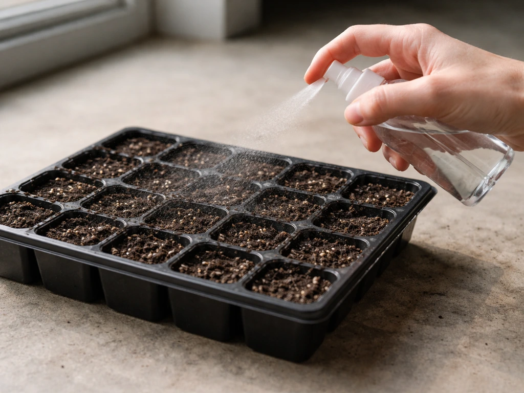 Anonymous hand misting a seeded tray surface with a spray bottle; seeds visible, mix evenly damp.