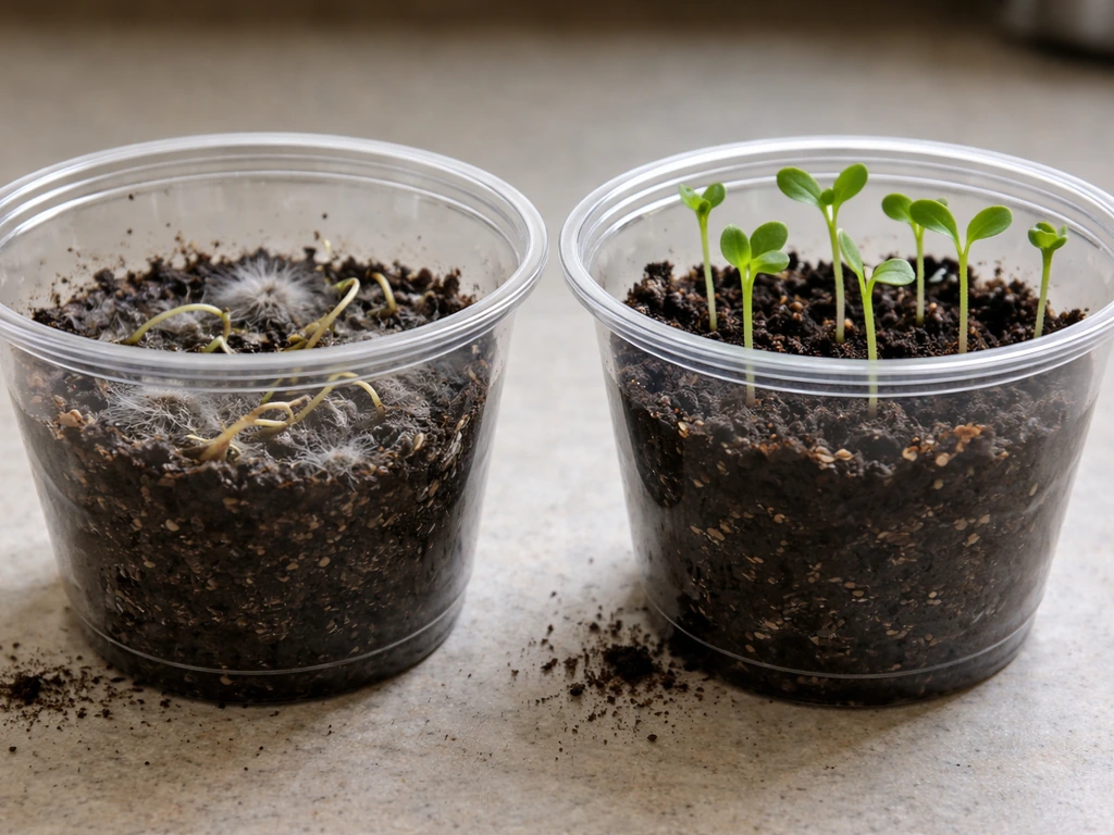 Side-by-side cups: one with gray mold and collapsed seedlings, the other with clean healthy seedlings.