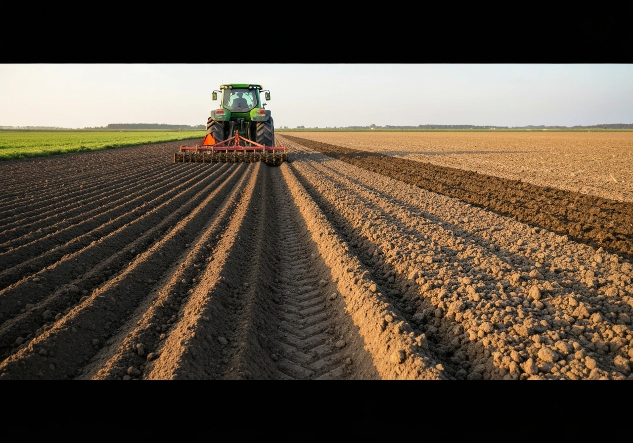A tractor plows, then a cultivator follows, leaving distinct texture changes on a grass seedbed.