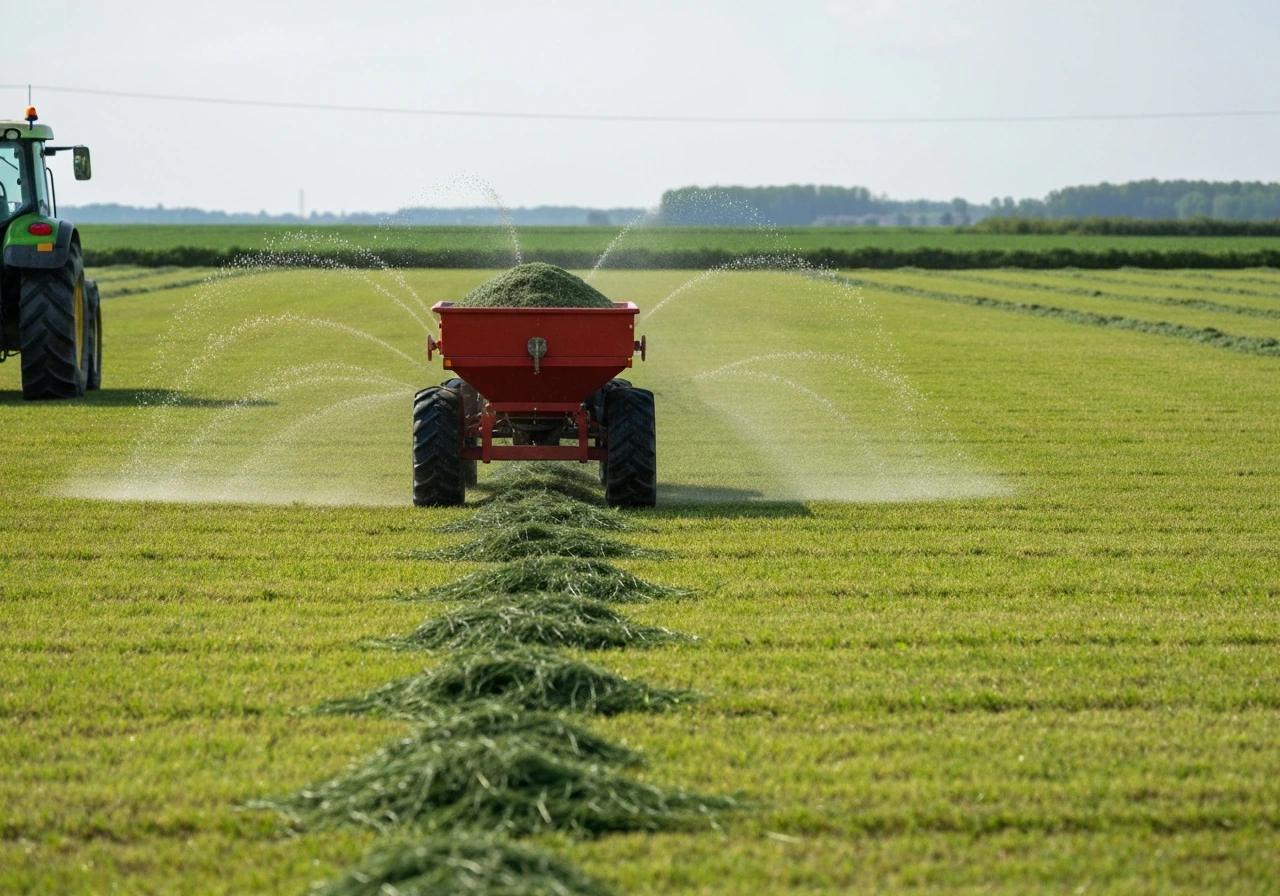 Tractor fertilizer spreader scattering granules over a vibrant green grass field.