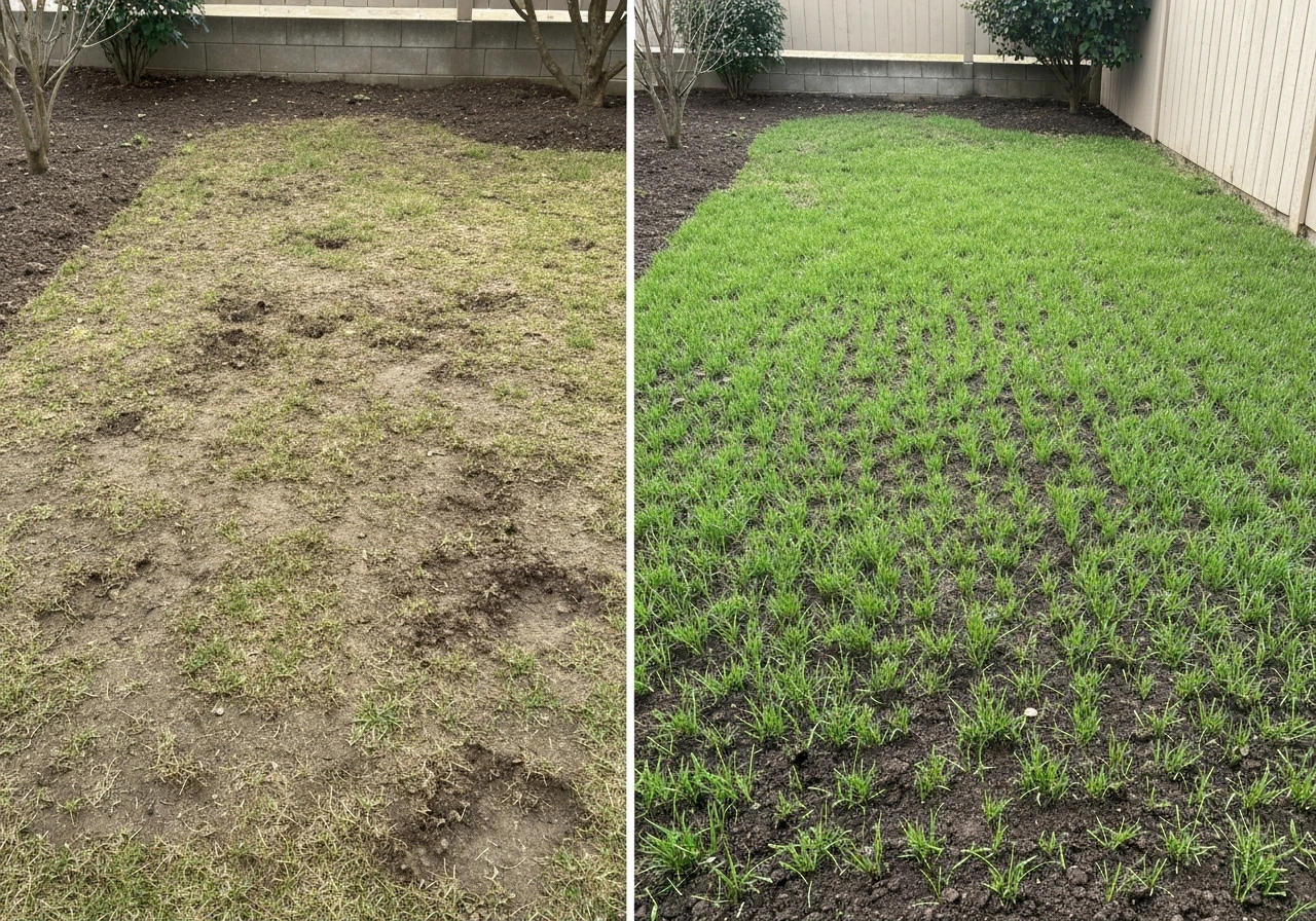 Side-by-side yard showing patchy no-growth grass on the left and evenly sprouting green grass on the right.