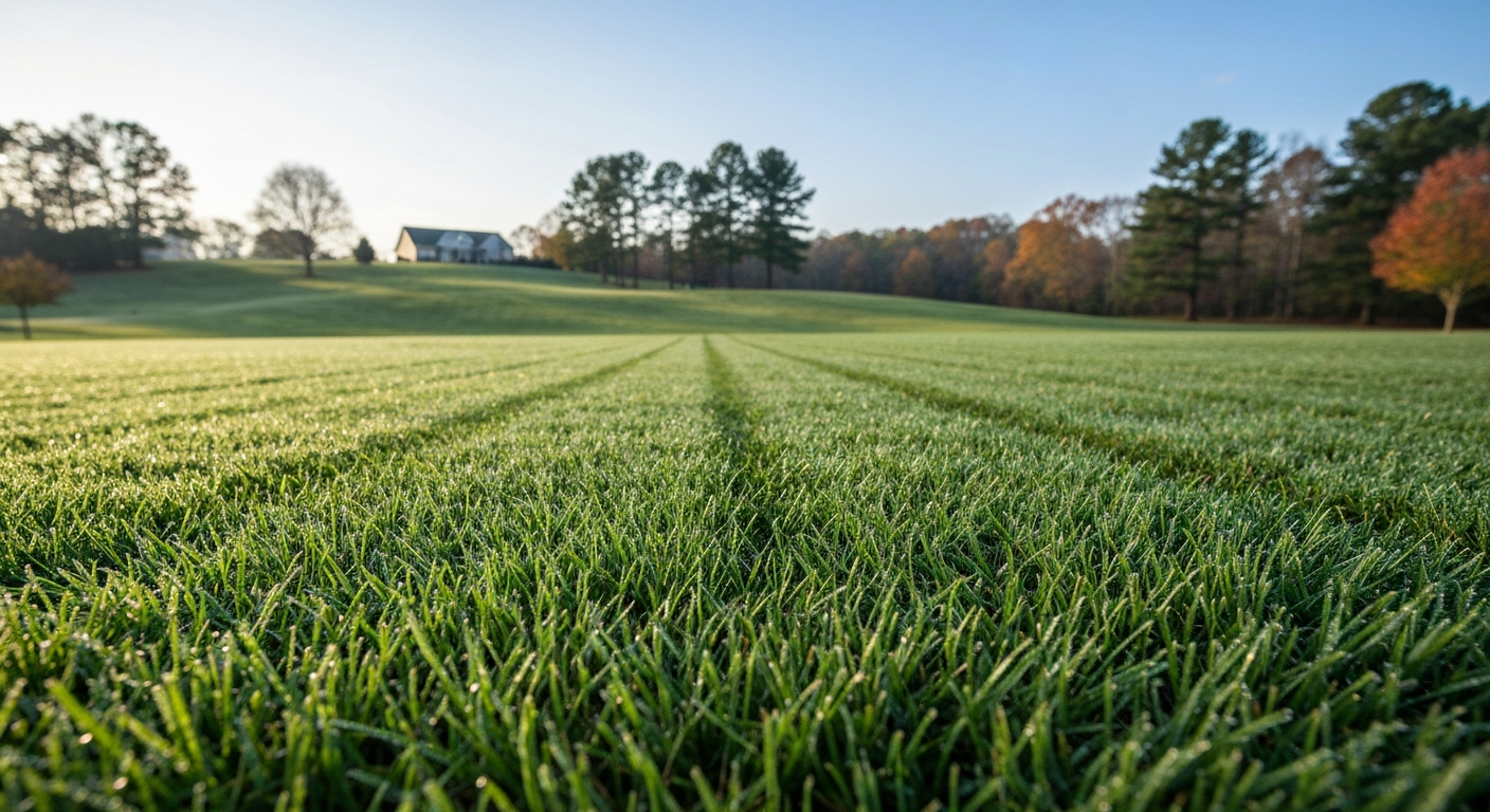 Wide-angle photo of a lush, striped tall fescue lawn in a North Carolina suburban yard in early fall, showing dense green turf and trees in the background.