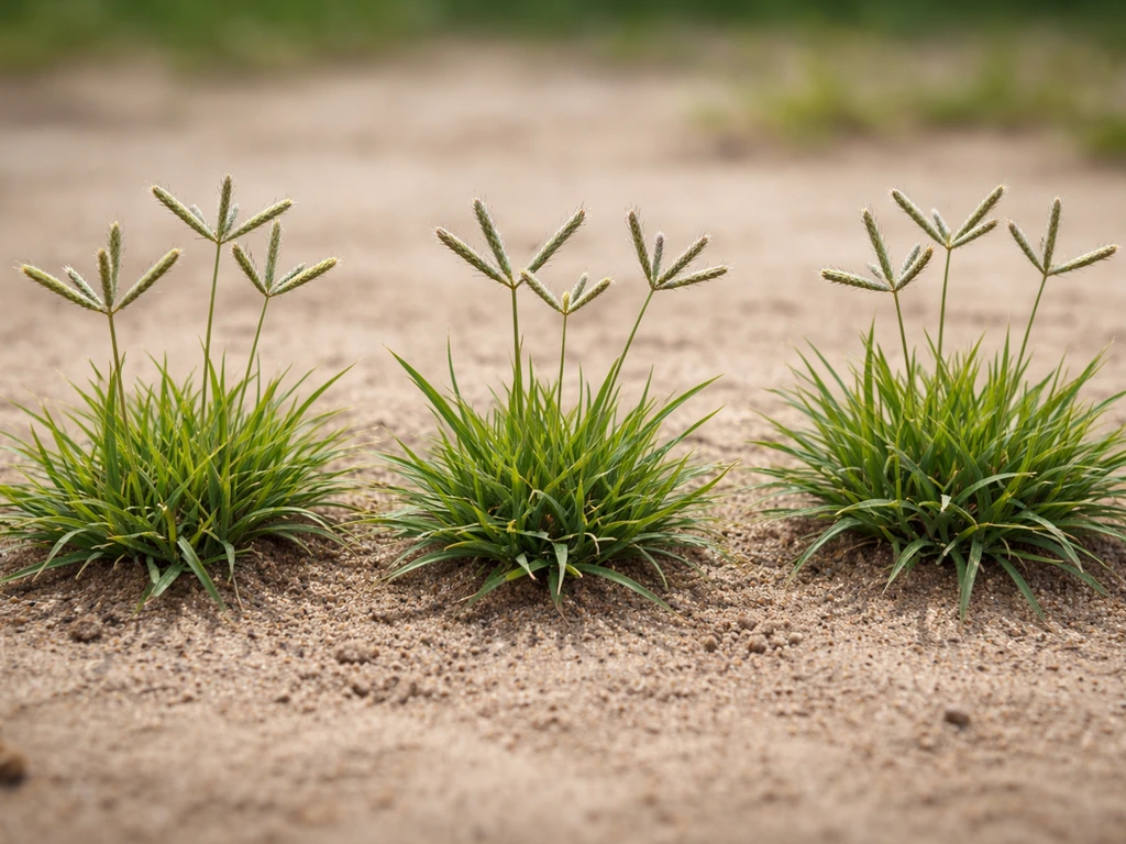 Close-up of carpet grass leaves and seed heads arranged to suggest different types for yard selection.