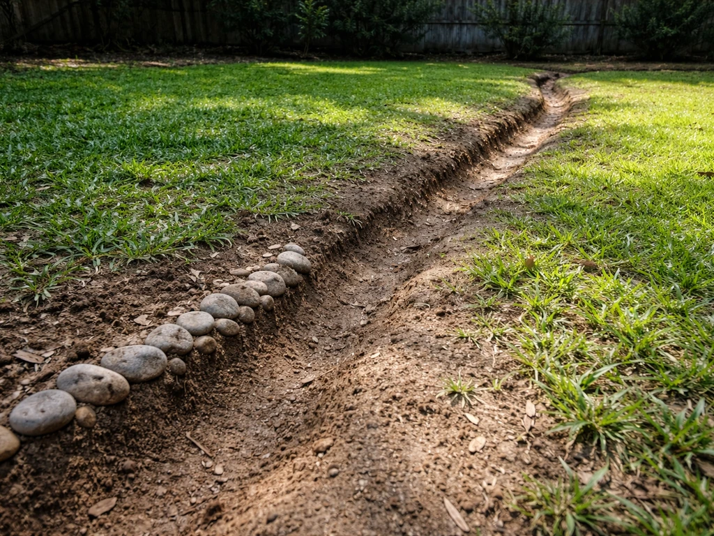Small yard low spot with a simple shallow drainage trench beside carpet grass in partial shade.