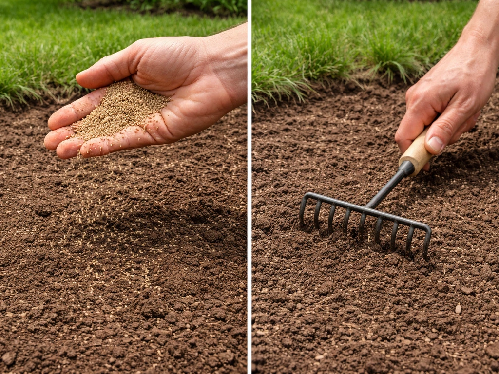 Hands broadcast carpet grass seed on freshly raked soil, then lightly rake for seed contact.