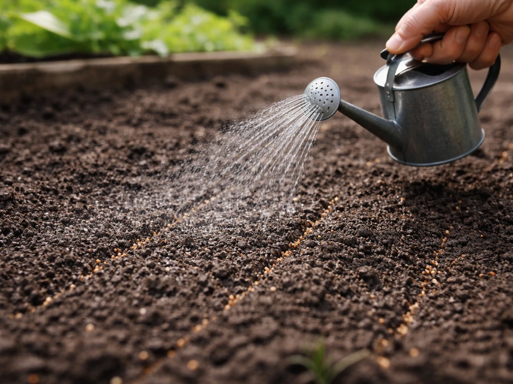 Close-up of fine mist watering newly seeded soil with evenly moist surface, no puddling.