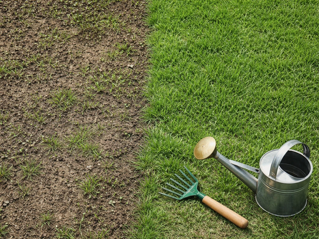 Top-down view of a lawn section with thick and thin germination patches, rake and watering can nearby