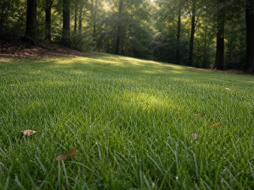 Lush tall fescue grass growing in deep shade at the edge of a yard under trees in north Georgia.