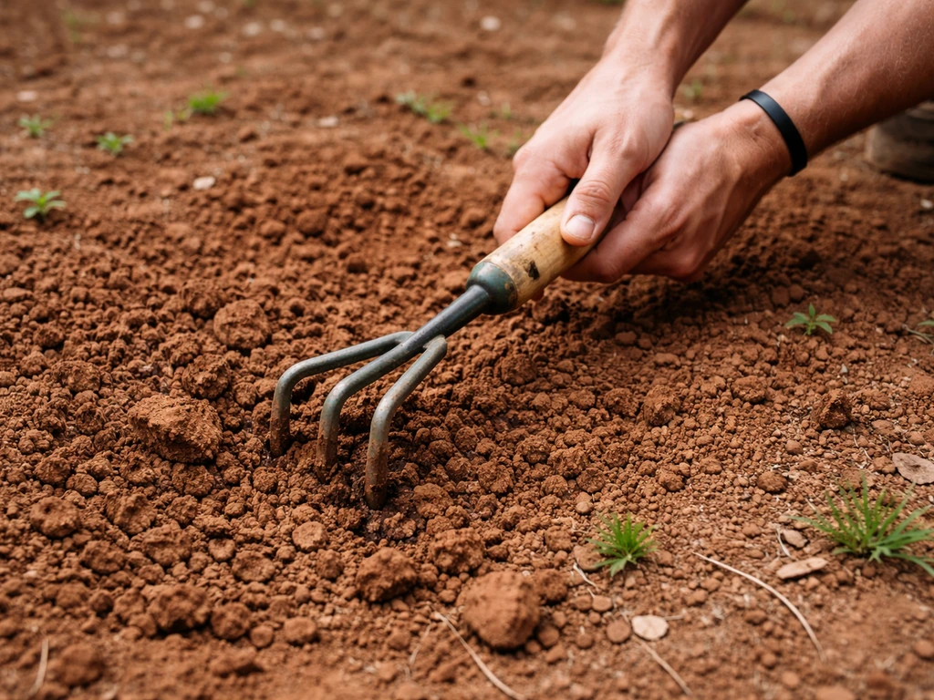 Hands loosening compacted red clay with a hand cultivator, clods breaking into crumbly soil for seeding.