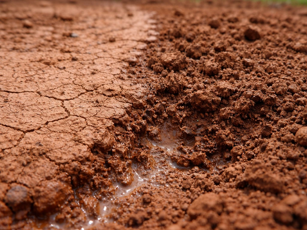 Close-up of bare red clay with a cracked hard crust and loosened damp soil underneath.