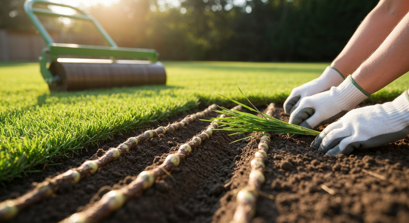 Close-up of buffalo grass stolons being planted into moist soil with a lawn roller blurred in the background.