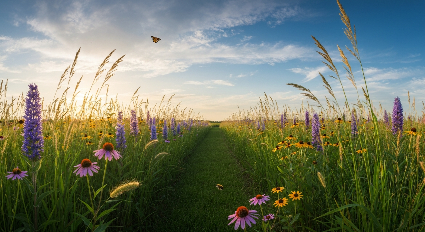 Diverse native prairie meadow with tall grasses and wildflowers in golden light