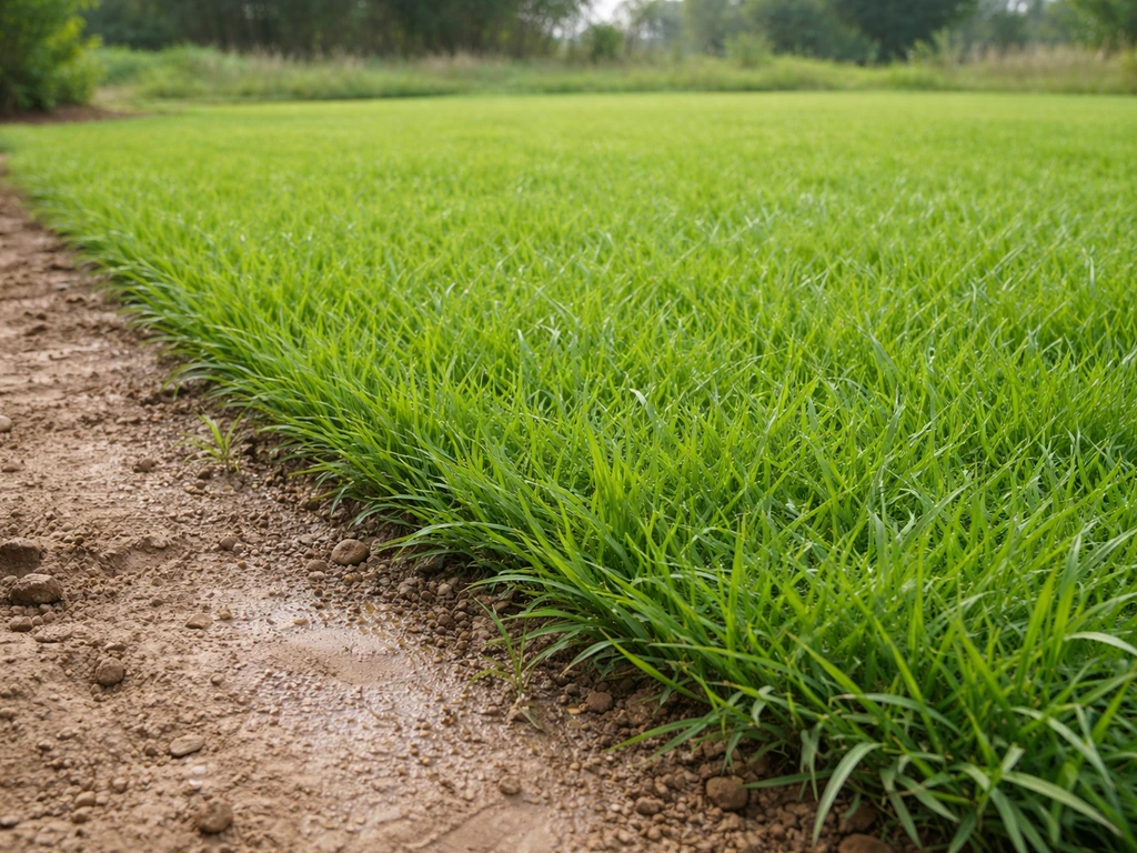 Healthy green Rhodes grass turf sprouting in a Pakistani garden with natural soil around