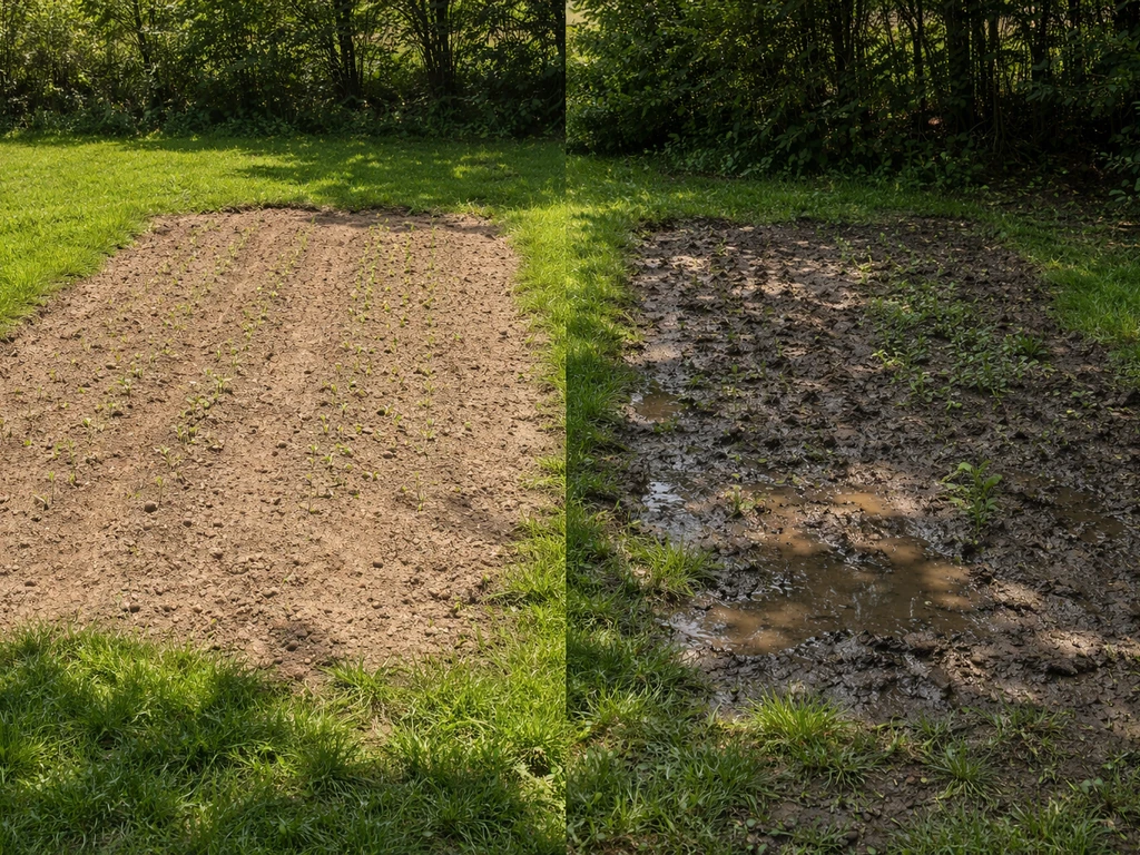 Two adjacent plots: bright, even ground cover candidate vs shaded, muddy area with pooling water.