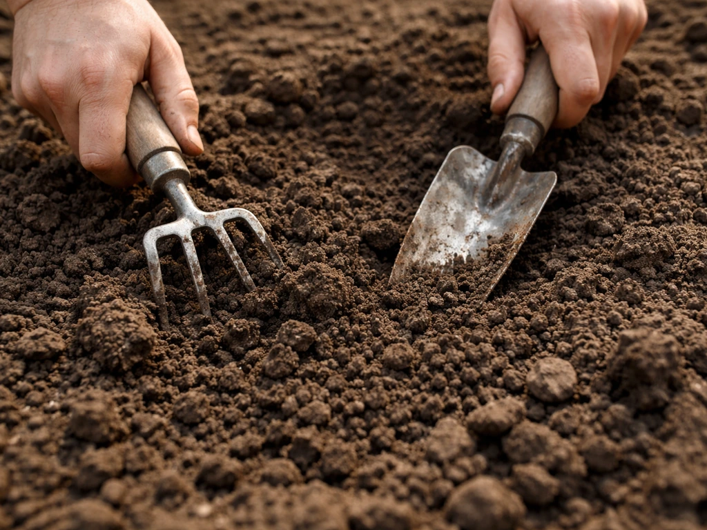 Close-up of heavy clay soil being broken into a fine, crumbly seedbed for Rhodes grass